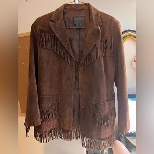 Brandon Thomas Tan Leather Coat Fringe Western Style Jacket
Size L. Never worn
